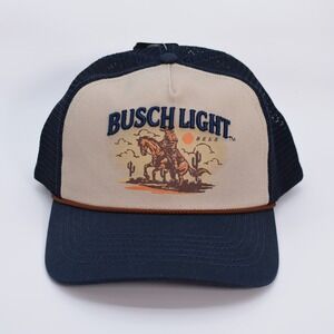 Busch Light Beer Western Sunset Cowboy Horse Snapback Hat Cap Beige Blue NWT NEW